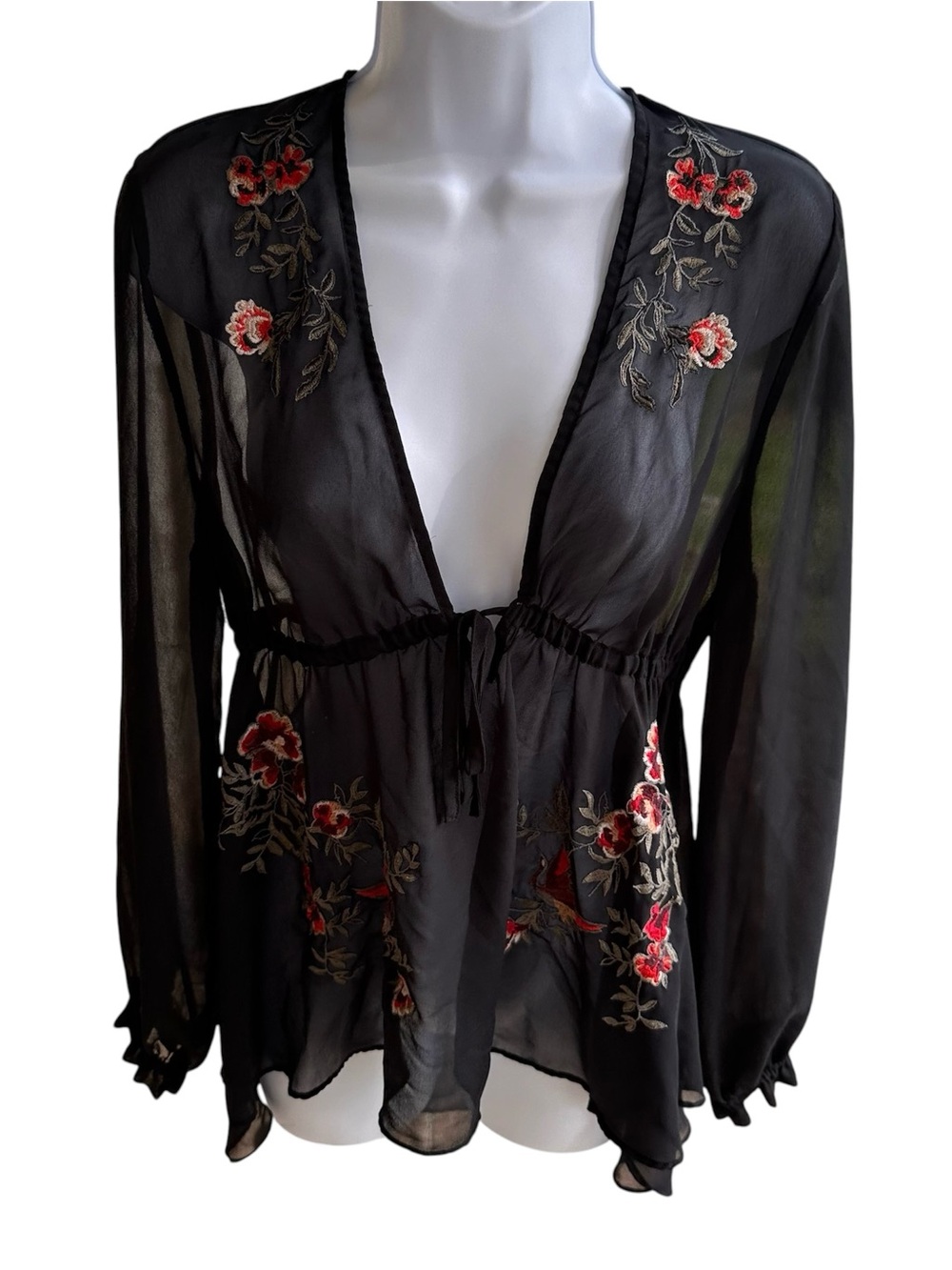 Express Black Sheer Embroidered Tie-Front Blouse with Red Floral Accents